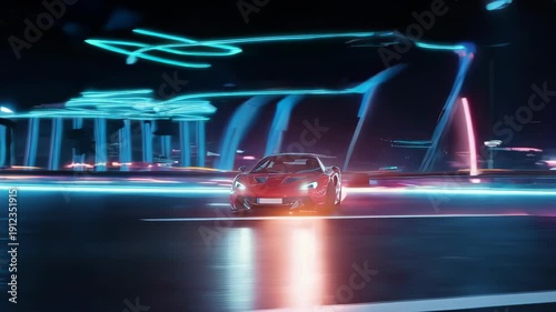Red Sports Car Speeding on Night Road.