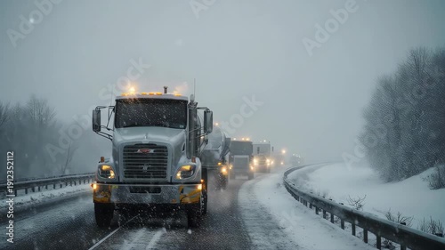 Truck Driving on Snowy Highway in Winter.