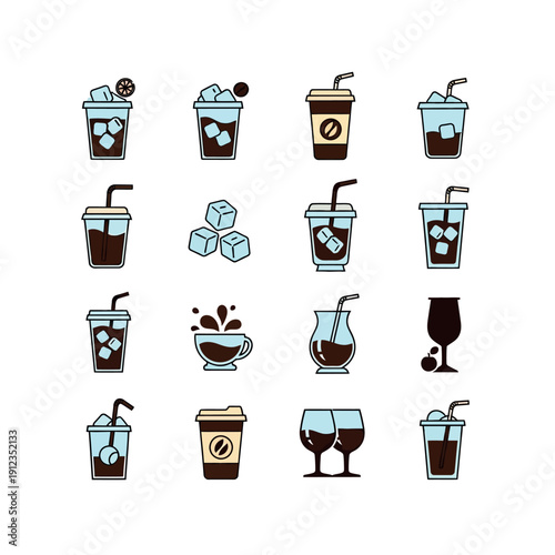 Collection of various coffee and tea drink icons in different glasses and cups with ice cubes on a white background.