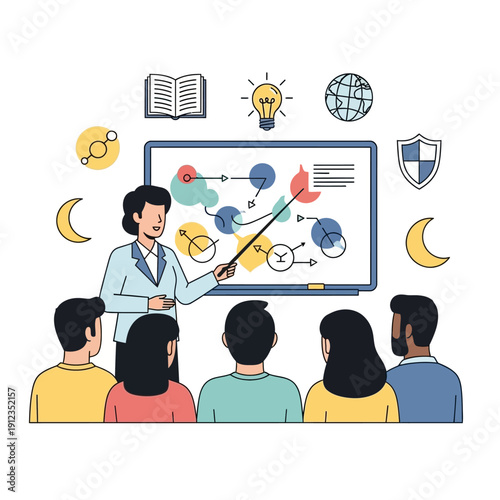 Diverse group attends business presentation with diagram and icons for success and strategy