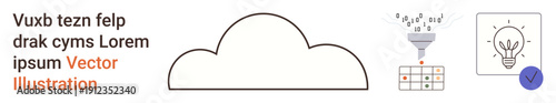 Data management, cloud computing, innovation, productivity, security verification, data analysis. Cloud with filter, data grid and lightbulb. Cloud computing and innovation concept