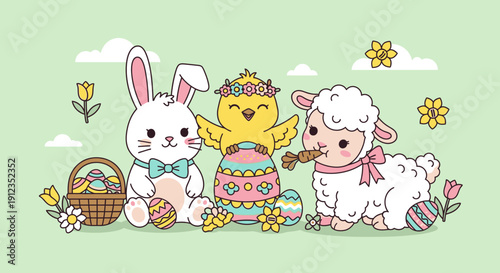Easter Bunny Chick and Lamb Cartoon.