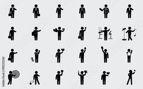 Diverse collection of black silhouette figures performing various dynamic actions