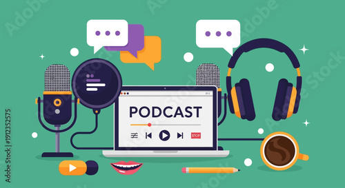 Podcast Recording Studio Setup Illustration with Microphone, Headphones and Laptop
