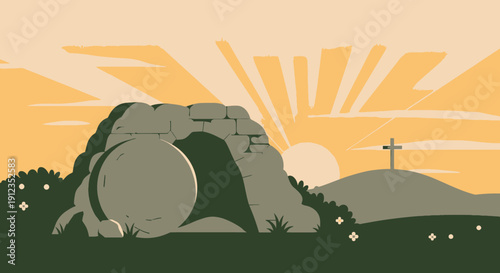 Empty Tomb with Cross on Hill.