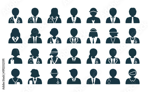 Diverse collection of professional icons representing various occupations and headwear styles