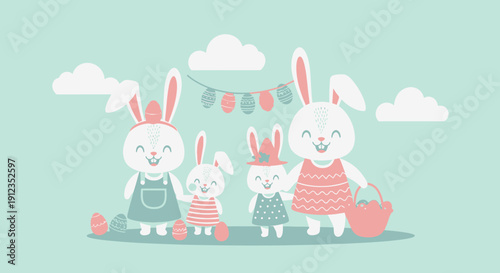 Family of Cartoon Rabbits with Easter Baskets.
