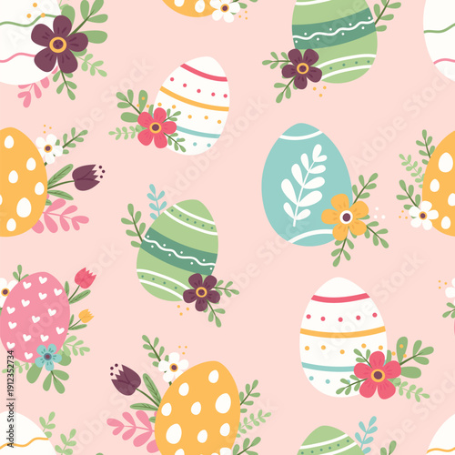 Seamless pattern with eggs and bouquets of flowers. Perfect for packaging, website design, cards and textiles