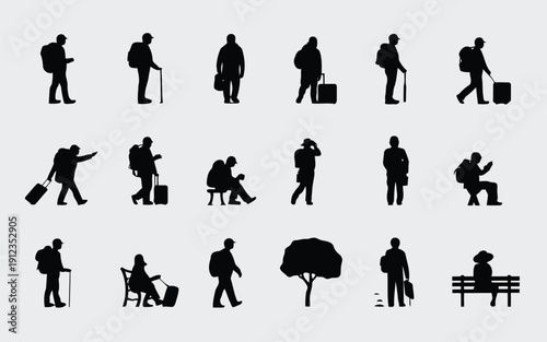 Silhouettes of people engaging in various everyday activities and poses