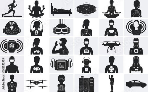 Diverse icons representing modern technology and human activities in daily life