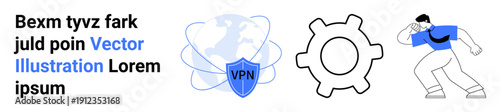Cybersecurity, remote work tools, digital networking, privacy solutions, online communication, secure browsing. A VPN shield, gear and a person discussing ideas. Cybersecurity and remote work tools