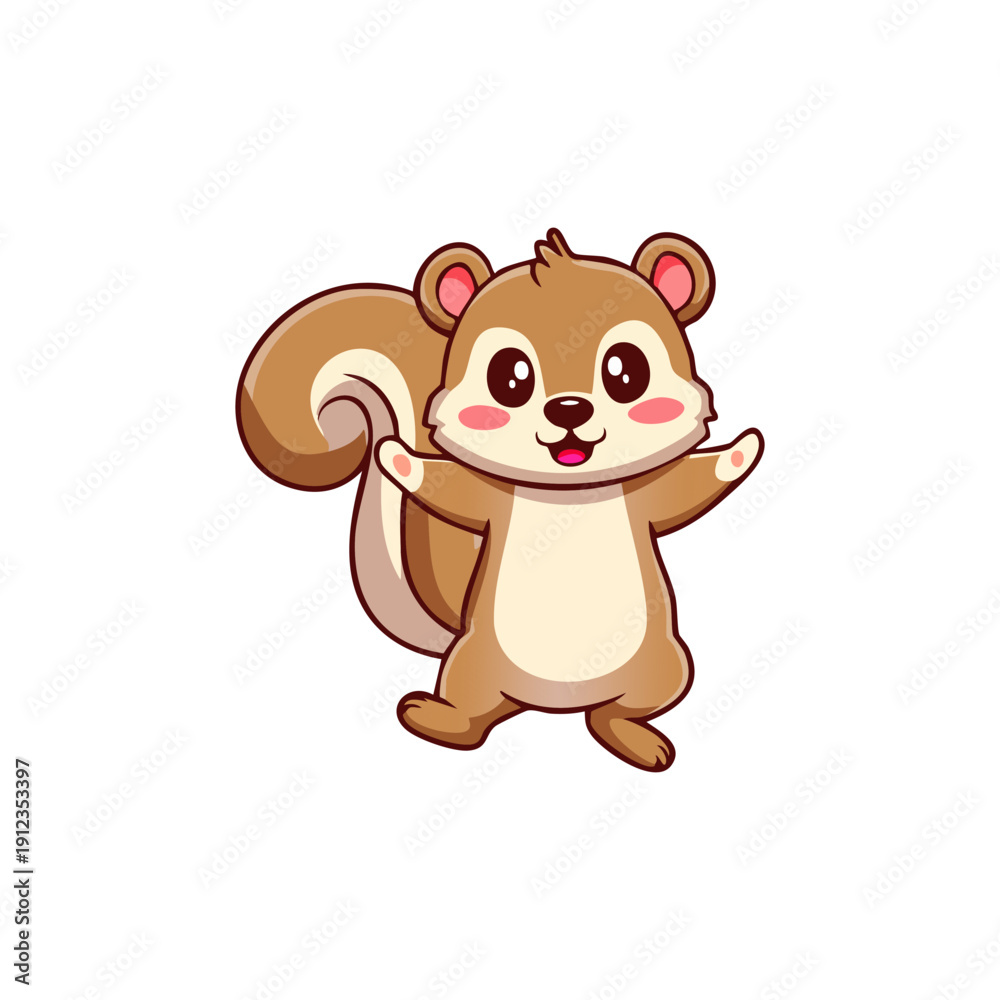 Fototapeta premium Cute cartoon squirrel illustration, friendly and happy, waving its paws, adorable animal character design