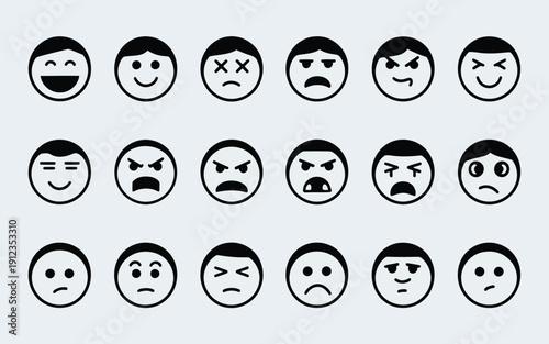 Collection of black and white facial expressions depicting various emotions and reactions