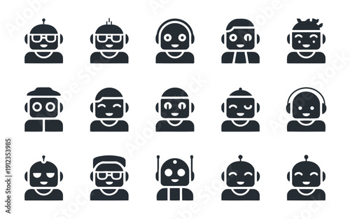 Collection of diverse robot characters wearing various headgear and accessories
