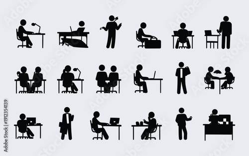 Diverse office work scenarios depicted through black and white silhouettes