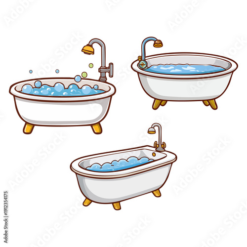 Three cartoon bathtubs filled with bubbly water, showcasing different styles and designs for bathroom relaxation and hygiene
