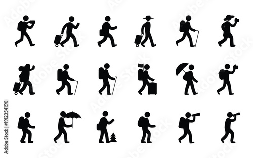 Collection of black silhouette figures engaged in various walking and carrying activities