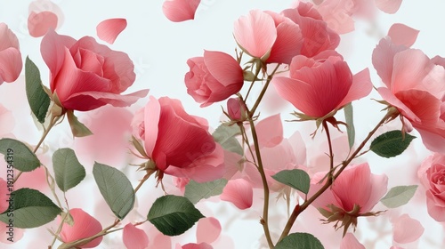 Pink roses and scattered petals float against a soft white background