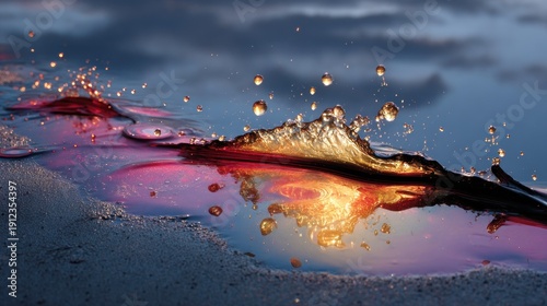 Close-up of water splashing, illuminated with golden light, reflecting on a dark liquid surface