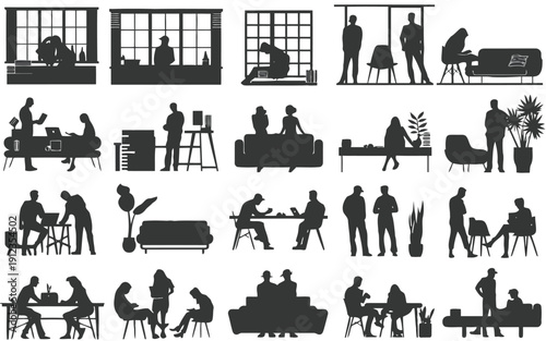 Diverse office meeting and work scenarios illustrated in silhouette style