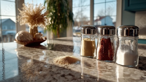 Kitchen scene with spices, sunlit countertop, and blurred background of a house