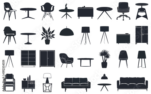 Collection of modern furniture and home decor items in black and white silhouette style