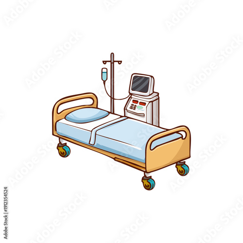 Essential medical facility setup featuring an empty hospital bed complete with an IV drip stand and sophisticated monitoring equipment, symbolizing patient care and healthcare environments