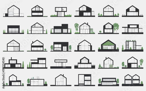 Collection of diverse architectural house designs and floor plans in a minimalist style