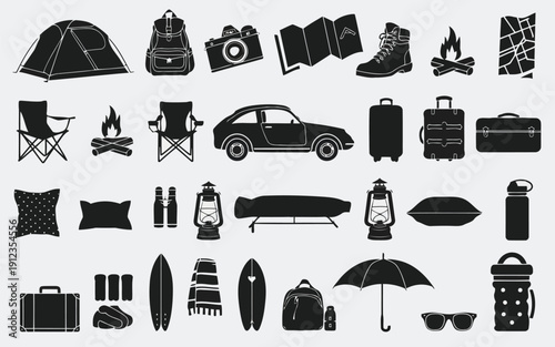 Assorted camping and travel essentials in black and white illustration style