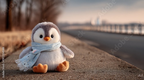 Plush penguin, scarf-clad, sits on a concrete edge with road, water, and trees blurred behind