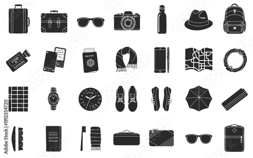 Assorted icons representing various travel and lifestyle accessories in black and white