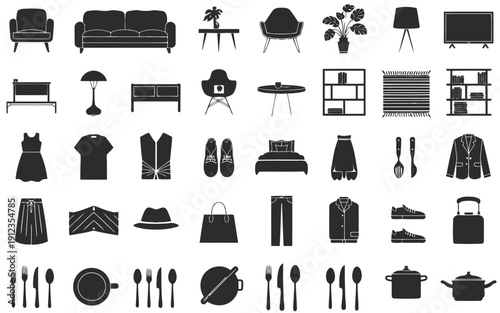 Assorted black and white icons depicting various household items and furniture