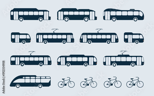 Collection of various types of public transportation and bicycles in a graphic style