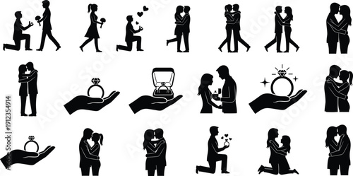 Romantic couple silhouette set, engagement proposal, kissing, embracing, ring box, love commitment, marriage theme - flat vector illustration