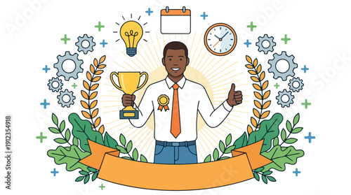 Illustration of a smiling man with a trophy and thumbs up surrounded by laurel wreaths and gears on Employee Appreciation Day with a celebratory mood.