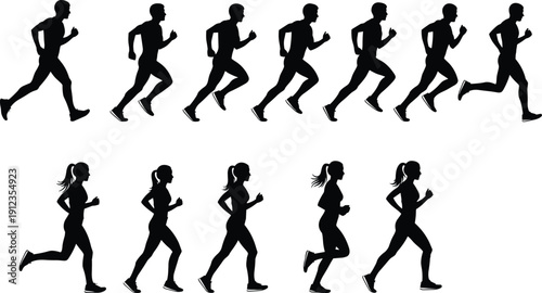 Running silhouette sequence, male and female athletes, stride phases, dynamic motion breakdown, biomechanics training theme - flat vector illustration