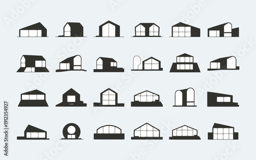 Diverse architectural styles of modern barn and shed designs in black and white line art