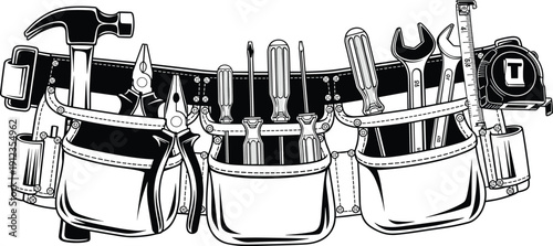 Tool belt silhouette illustration, hammer, pliers, screwdrivers, wrenches, tape measure, ruler, construction repair DIY theme - flat vector illustration