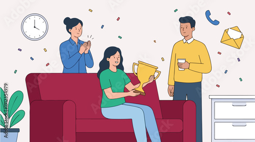 Illustration of colleagues celebrating Employee Appreciation Day with confetti and awards in a modern office setting.