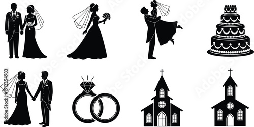 Wedding silhouette icon set, bride groom poses, rings, cake, church ceremony, romantic celebration theme - flat vector illustration