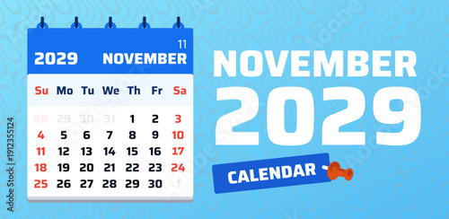 November 2029 monthly calendar template. November 2029 planner design with Sunday week start. Minimal vector layout marking Saturday and Sunday as weekend