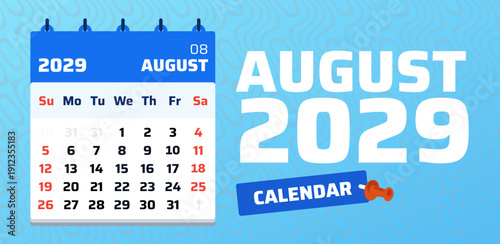 August 2029 monthly planner template. August 2029 calendar layout, week starts Sunday. Editable vector illustration with clear weekend formatting