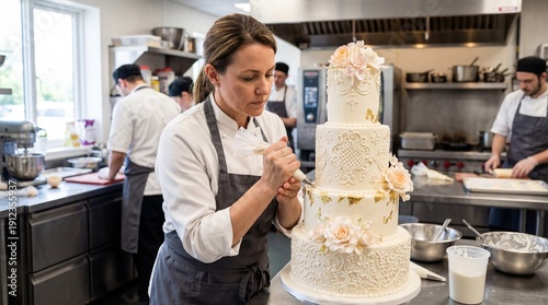 Professional pastry chef decorating luxury wedding cake with intricate piping. Focused baker working in busy commercial kitchen. Culinary art. Gourmet dessert preparation. Sweet food.