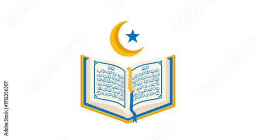 Open holy Quran book with Arabic text under a golden crescent moon and star symbol on white.