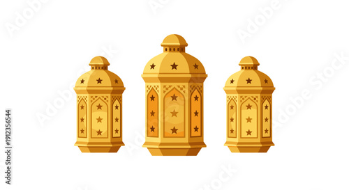 Three traditional golden Arabic lanterns with intricate star patterns are arranged on a white background.