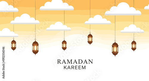 Ramadan Kareem greeting with traditional golden lanterns and white clouds hanging under an orange sky.