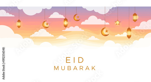 Eid Mubarak greeting banner with hanging golden lanterns, crescent moons, and stars under a colorful sky.