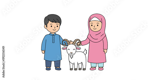 A Muslim boy and girl in traditional clothes stand beside a white goat with horns.