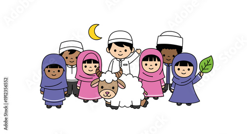 A group of diverse Muslim children in traditional attire stand with a sheep under a crescent moon.