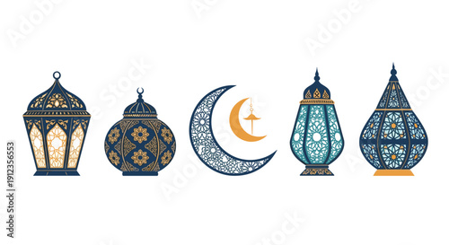 A line of diverse traditional Arabic lanterns and a patterned crescent moon are displayed.
